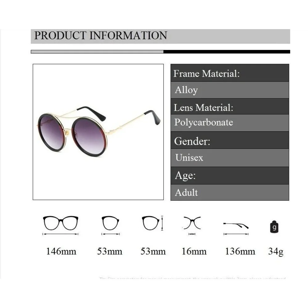 Mens Round‎ Double Bridge Sunglasses Gold Black Red Green Gradient Lenses Lentes